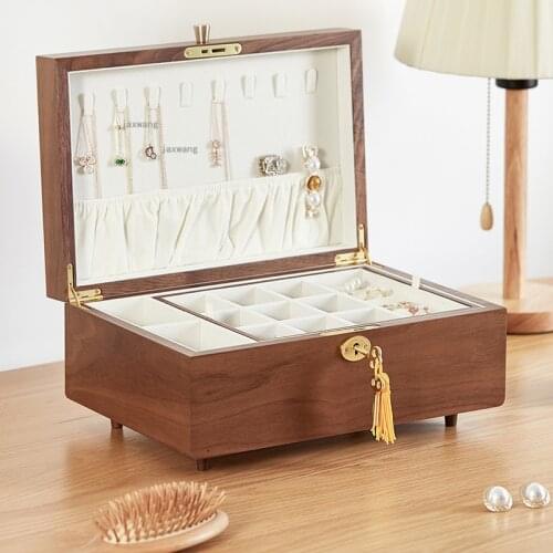European-style Solid Wood Earrings Necklace Storage Box Bracelets Rings Double-Layer Jewelry Organizer Watch Gift Case with Lock