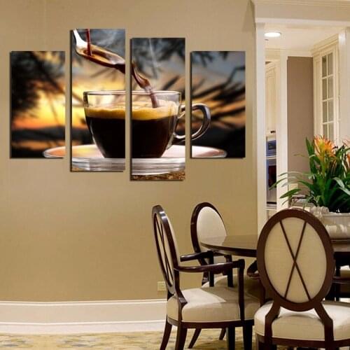 Hot Sale 4 Panel Canvas Painting Coffee background Print Painting On Canvas Wall Art Picture Kitchen Home Decoration