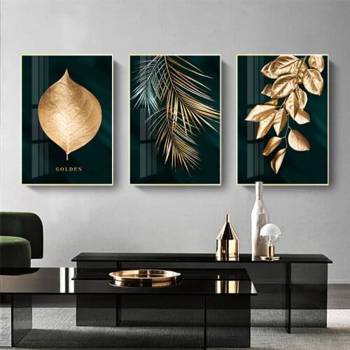 Golden Leafs Canvas Abstract Painting Wall Art Poster and Print Nordic Style Decorative Pictures for Living room Home Decor