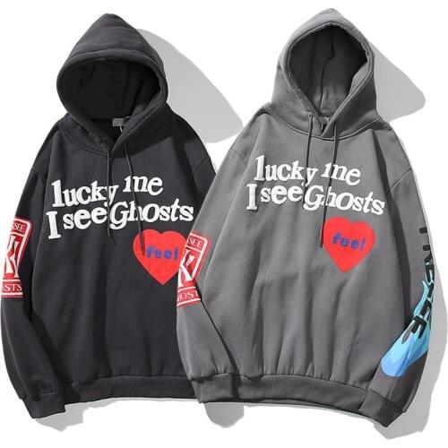Kanye West Hoodies Men Graffiti Letter Print Lucky me Women Sweatshirt Harajuku Fleece Street Hip Hop Pullover Bone Loose Hoodie