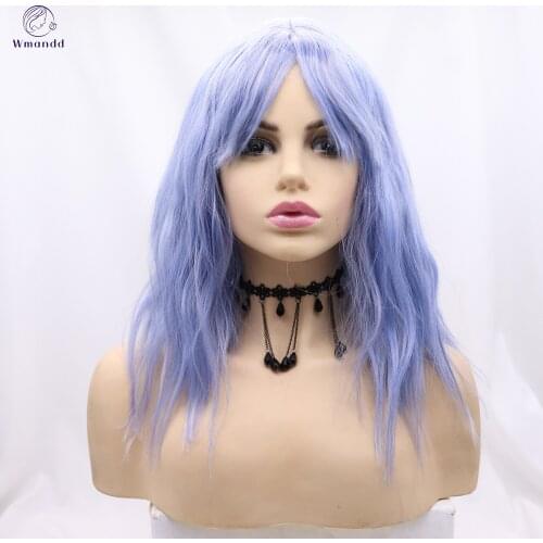 Wmandd 16 Inches Short Wave Blue Machine Made Synthetic Wigs With Bangs For Women Cosplay Party Hair Wigs High Temperture Fiber