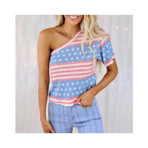 Summer New Womens Fashion Stripe Star Print Slant Shoulder Short Sleeve Casual Loose Vest Sexy Lady T-shirt Top