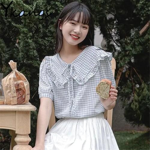 Summer Fashion Doll Collar Ruffleswomen Light Blue Plaid Shirt Suitable For Teenage Girls Bubble Short Sleeve Tops Ldyllic Style