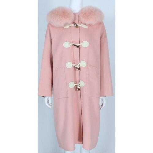 MENINA BONITA Real Fur Coat Winter Jacket Women Natural Fox Fur Collar Hooded Cashmere Wool Blends Long Outerwear Horn Button