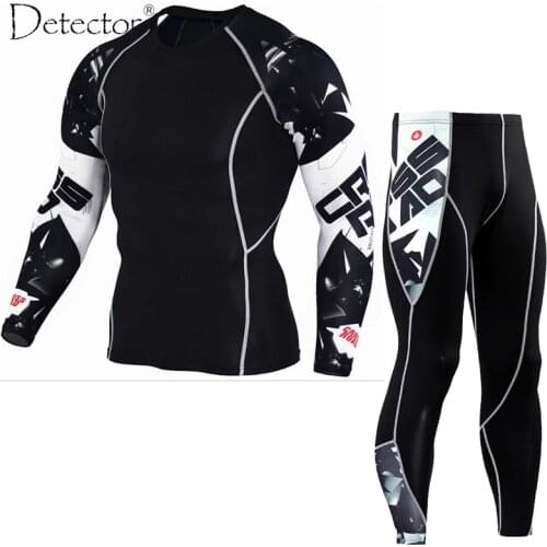 Detector Mens Compression Shirt Pants Set Running Tights Workout Fitness Training Tracksuit Long Sleeves Shirts Sport Suit