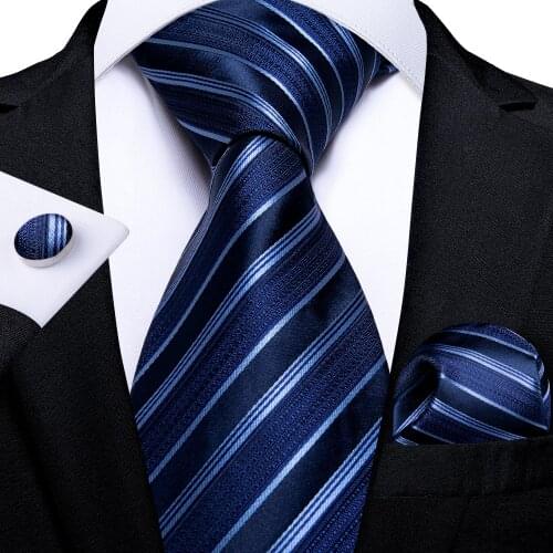 Mens Ties Classic Blue Striped 8cm Silk Necktie Handkerchief Cufflinks Set Business Formal Wedding Tie Gift For Men DiBanGu