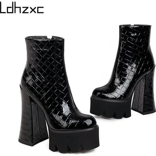 LDHZXC Newest Winter Boots Women Platform High Heels Platform Shoes Zip Black Fashion Dress Party Shoes Woman Ankle Boots
