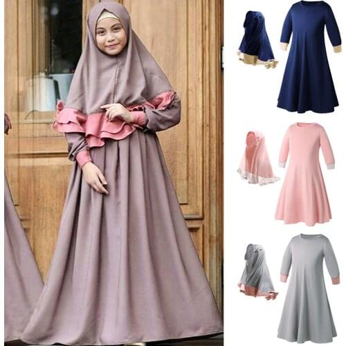 Muslim Girls Dress Two Pieces Set Long Hijab Abaya Khimar Islamic Kaftan Clothing Arab Prayer Maxi Dress Robe Gown