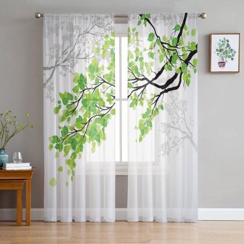 Luxury Tulle Curtains Branches Green Leaves Fresh Living Room Kitchen Chiffon Curtain Youth Bedroom Sheer Floor Valance Curtain
