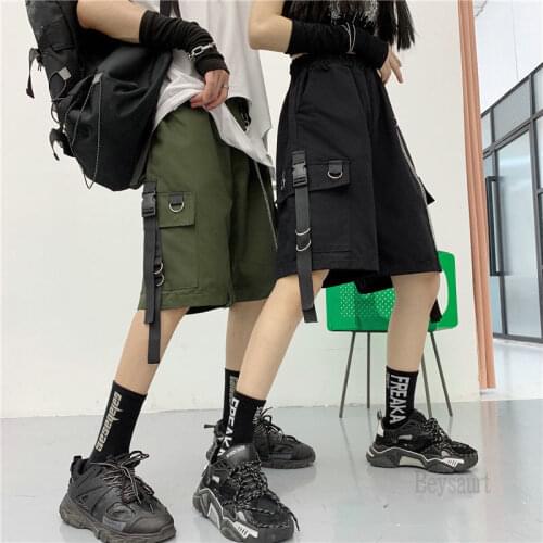 Shorts Womens Summer 2021 Elastic Waist High Streetwear Hip Hop Straight Casual Chain Ribbons Black Green Couple Cotton New