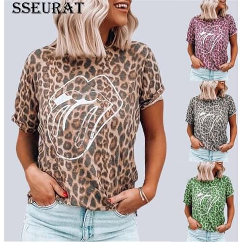 SSEURAT Womens T-Shirt Tops The New Leopard Print Lip Print Round Neck Short Sleeved Casual T-Shirt Woman In Summer