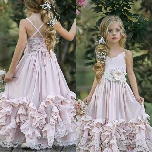 Light Pink Boho Flower Girl Dresses For Wedding A Line Hand Made Flowers Appliques Tiered Gowns Kids Formal Wear For Birthday