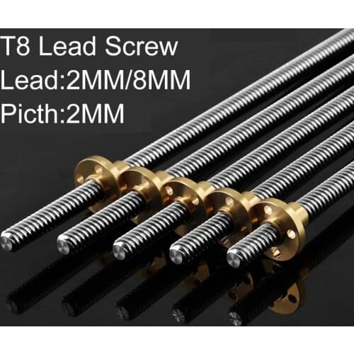 T8 Lead Screw OD 8mm Pitch 2mm Lead 8mm 150mm 200mm 250mm 300mm 330mm 350mm 400mm 500mm with Brass Nut Reprap 3D Printer parts