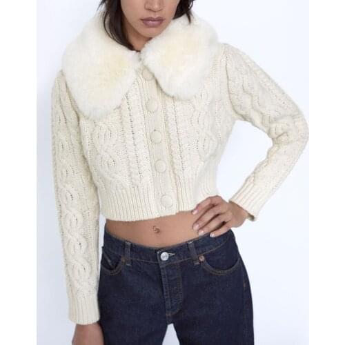 Warm Faux Fur Turn Down Collar Sweaters Women Fashion Elegant Long Sleeve Solid Short Sweaters Female Ladies Knitted Cardigan