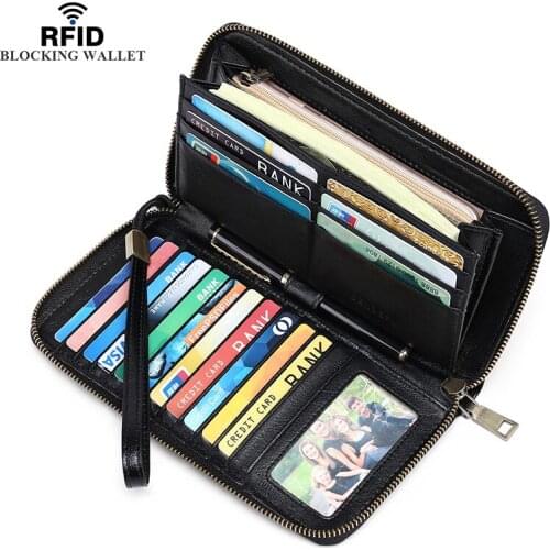 Genuine Leather Lady Master Purse Western Style RFID High-capacity Zipper Cell Phone Bag Leather Wallet Card Bag