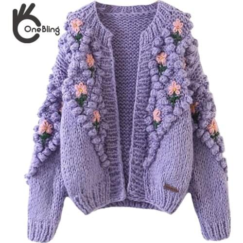 OneBling 2021 Za Woman Casual Traf Sweaters Autumn Y2K Sweet Flowers Embroidery Pom Poms Hand Made Chunky Knit Cardigan Jacket