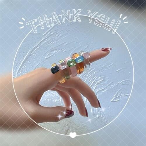 Retro Colorful Geometric Rectangle Transparent Acrylic Large Zircon Rings For Women Temperament Finger Ring Jewelry