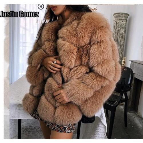 Womens Leather Grass Coat High Street London Style AUDREY kHAKI Chunky Cubic Paneled Short Natural Fox Fur Warm Jacket