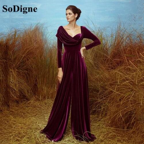 SoDigne Purple Velvet Prom Dress 2021 Women Jumpsuit Sweetheart Floor Length Long Sleeve muslim Evening Formal Gowns Party Dress