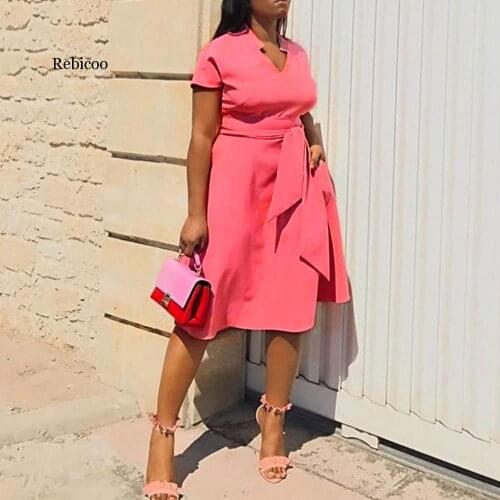 Pink Sweet African Fashion Plus Size Party Elegant Summer Women Midi Dresses Plain Lace Up Office Ladies Female Vintage Dress