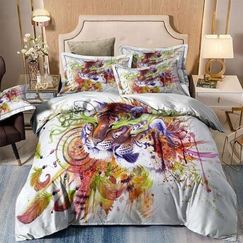 Watercolor Tiger Bedding Set Dream Catcher Single Double Duvet Cover Set Queen King Twin Full Bed Linen For Child Adult Home Bed
