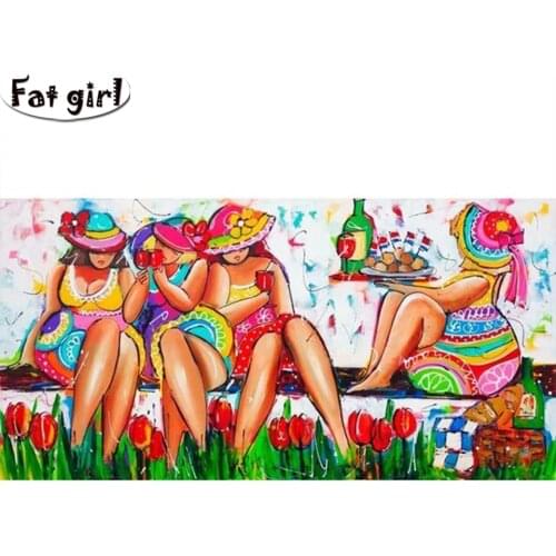 Large 5d Diy Diamond painting fat lady drink eat fruit Embroidery square round mosaic cross stitch Handmade Living room pendant