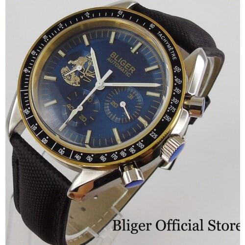 BLIGER Brand Blue/Black/Green 40mm Men Watch Date Dial Automatic Movement Leather Band