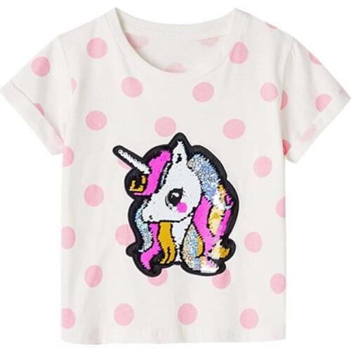 Jumping Meters New Arrival Beading Unicorn Baby Girls Summer T shirts Fashion Dots Childrens Short- Sleeve Tees Tops