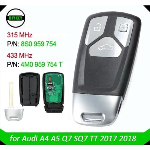 DIYKEY for Audi A4 A5 Q7 SQ7 TT 2017 2018 Remote Car Key Fob 3 Buttons 315MHZ 8S0 959 754, 433MHZ 4M0 959 754T