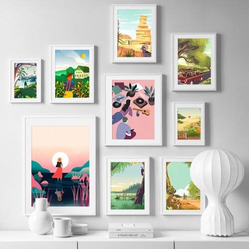 Man Car Girl Sunset Travel Landscape Illustration Nordic Poster And Print Wall Art Canvas Painting For Living Room Cuadros Decor