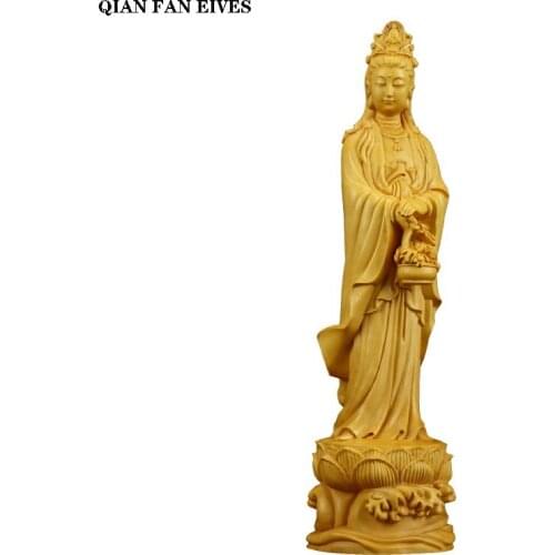 Chinese style flower basket Guanyin solid wood statue,Modern art sculpture， Exquisite carving buddha statue，Home decoration