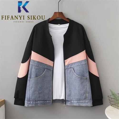 Denim Spliced Jacket Women 2021 New Fashion Pocket Zipper Patchwork Jacket Coat Loose Plus Size Casual Bomber Jacket Female