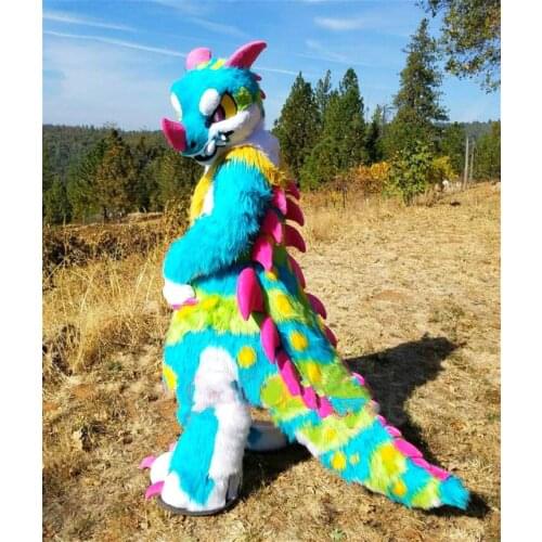 Best on Ali Long Fur Blue Dargon Fursuit Furry Mascot Costume Suit Cosplay Fancy Dress Unisex Fursuit Outfit Advertising Parade