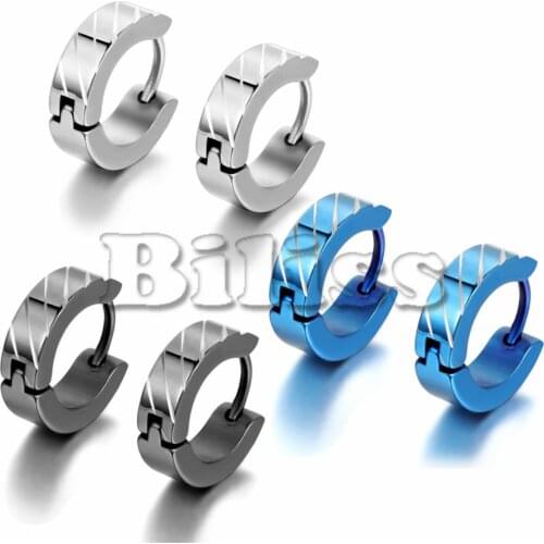 Men Jewerly Blue/ Black/ Silver Color Stainless Steel Small Hoop Huggie Earrings Cool Striped Pattern 12mm pendientes aros acero