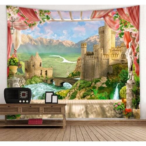 Castle River Outside The Window Printed Tapestry Cheap Hippie Wall Hanging Bohemian Wall Tapestries Mandala Wall Art Decor