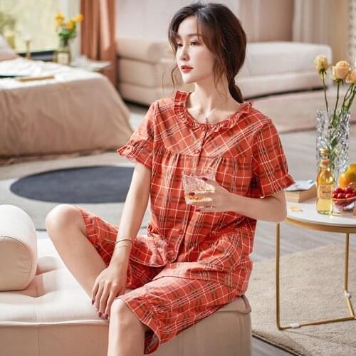New Fashion Plaid Print Female Pajamas Set Sleepwear Plus Size 3XL Women Cotton Pyjamas Suit Round Neck Cardigan Nightwear