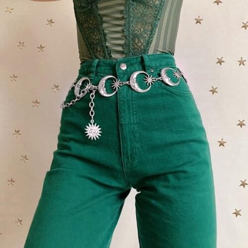 Hot Fashion Punk Moon Sun Metal Belt Women Vintage High Waist Chain Waist Belts Gothic Sliver Pendant Belts Female Best Gift