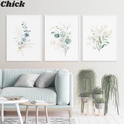 Nordic Abstract Gold Green Leaves Watercolor Posters Canvas Painting Wall Art Prints Picture for Living Room Interior Home Decor