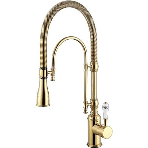 Kitchen Sink Faucets Total Brass Pull Out Golden Kitchen Mixer Tap Single Handle Hot and Cold Kitchen Crane Tap Rotating Faucet