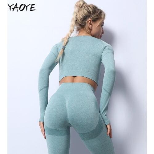 YAOYE 2Pcs Long Sleeve Sports Shirts + Leggings Shorts Seamless Women Yoga Fitness Sport Suits Gym Women Running Clothes