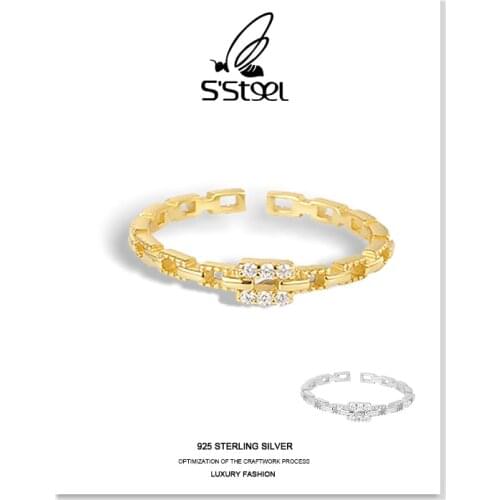 SSTEEL Geometric Rings 925 Sterling Silver Zircon Trendy Minimalist Gold Adjustable Ring For Women Bague Argent Femme Jewellery