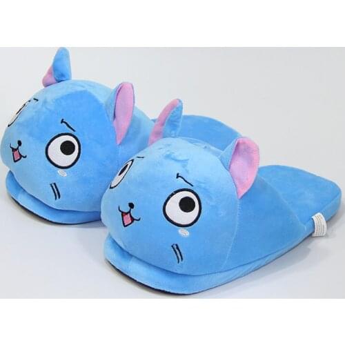 Cartoon Blue Cat Happy Slippers Warm Winter Slides Soft Plush Doll Indoor Cute Anime Bedroom Shoes For Man Woman Home Use