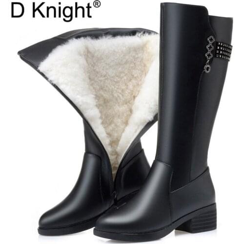 Warm Wool Women Knee High Boots Winter Genuine Leather Square Heel Boots Female Side Zipper Round Toe Shoes Woman Riding Boots