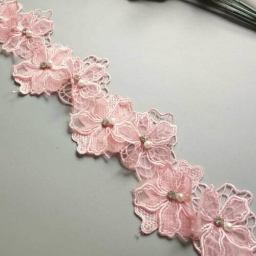 1 yards Pink 8cm Pearl Flower Embroidered Lace Trim Ribbon Floral Applique Fabric Patches DIY Wedding Dress Sewing Craft