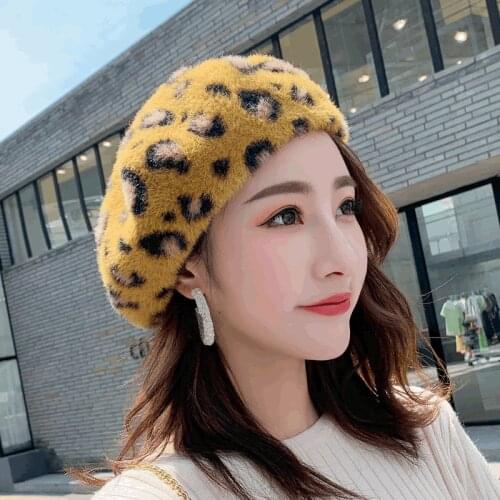 Japanese and Korean Womens Autumn and Winter New Mink Leopard Beret Fashion Creative Dome Wool Hat Trendy Female Hat