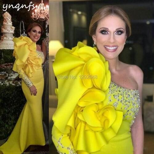 YNQNFS M172 Crystal One Shoulder Long Sleeve Evening Prom Dresses Wedding Party Yellow Mother of the Bride Groom Dresses 2019