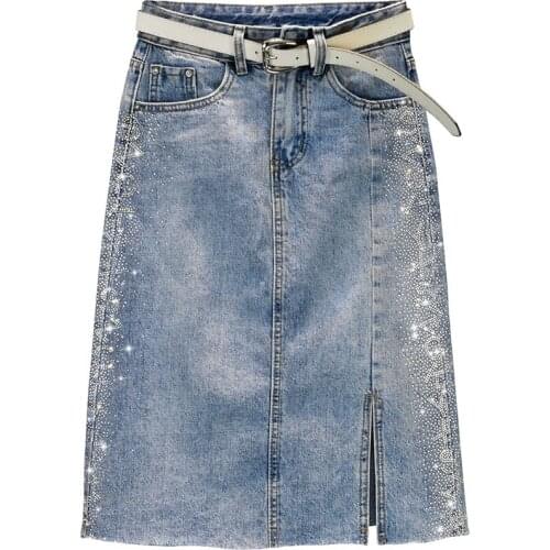 Hot Rhinestone Split denim Skirt Women Spring/Summer 2021 New High Waist knee length a-line skirt