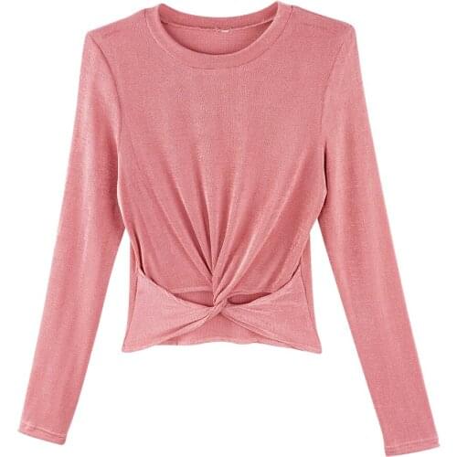 Neatie kiddie Women Sexy Crop Warp Bandage Front Solid Tshirt Tops O-neck Long Sleeve T-shirt for Female Slim Tee Shirt