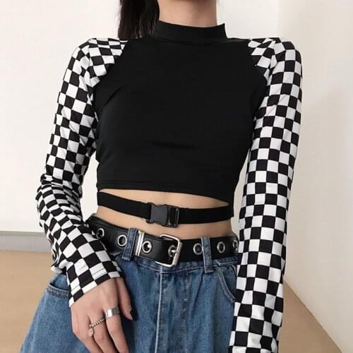 New Harajuku hip-hop sexy short Slim long sleeve plaid paragraph tops casual stitching Turtleneck Ulzzang Autumn female T-shirt