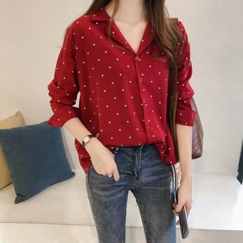 Womens Oversized Shirt Polka Dot Printed Chiffon Blouse Female Long Sleeve Shirt Korean Shirts Top Plus Size Women Clothing